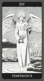 Tarot card featuring an angel with wings, holding a hourglass, against a landscape background.