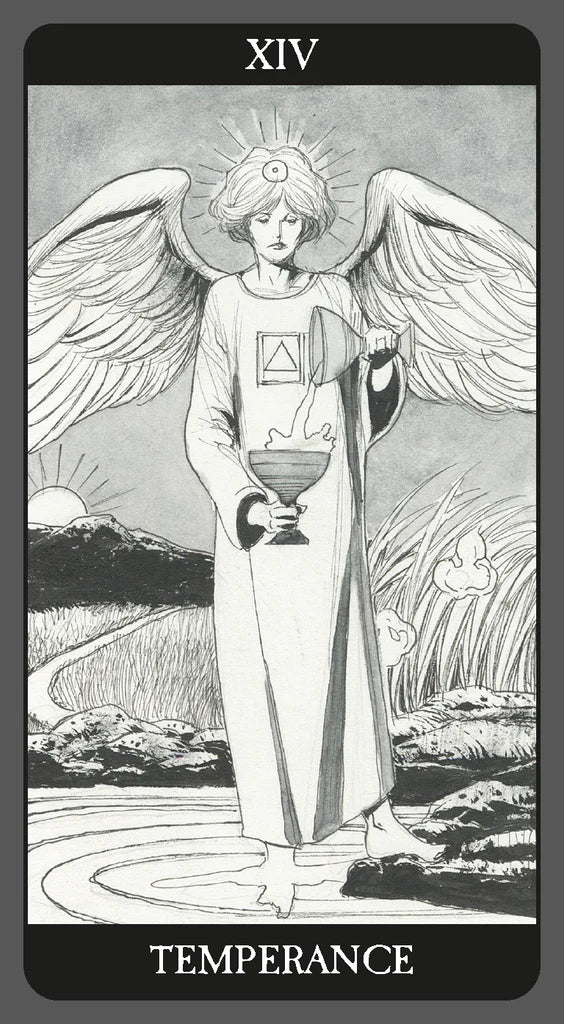 Tarot card featuring an angel with wings, holding a hourglass, against a landscape background.