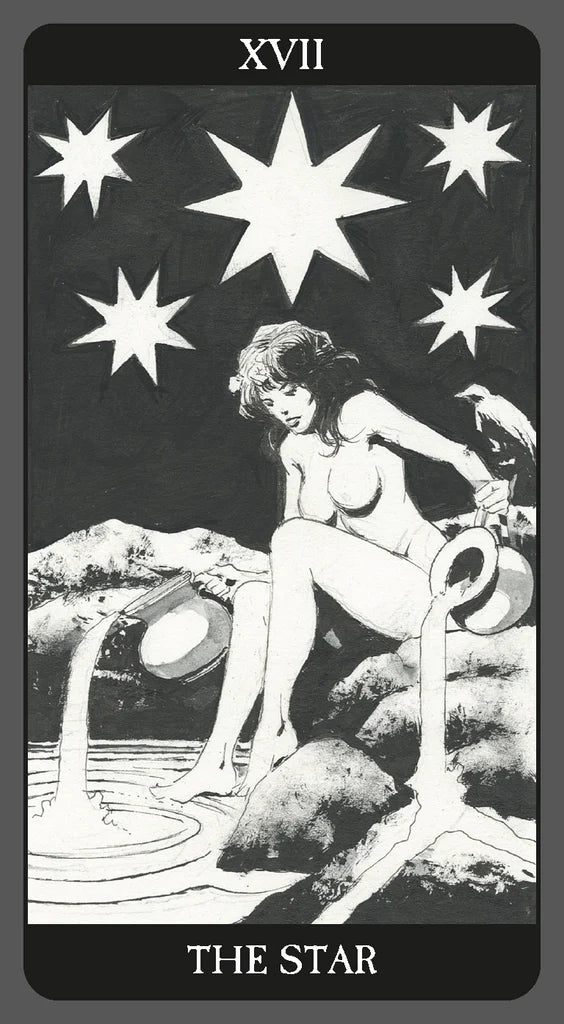 Tarot card featuring a woman by a fountain with stars above, labeled 'The Star'.