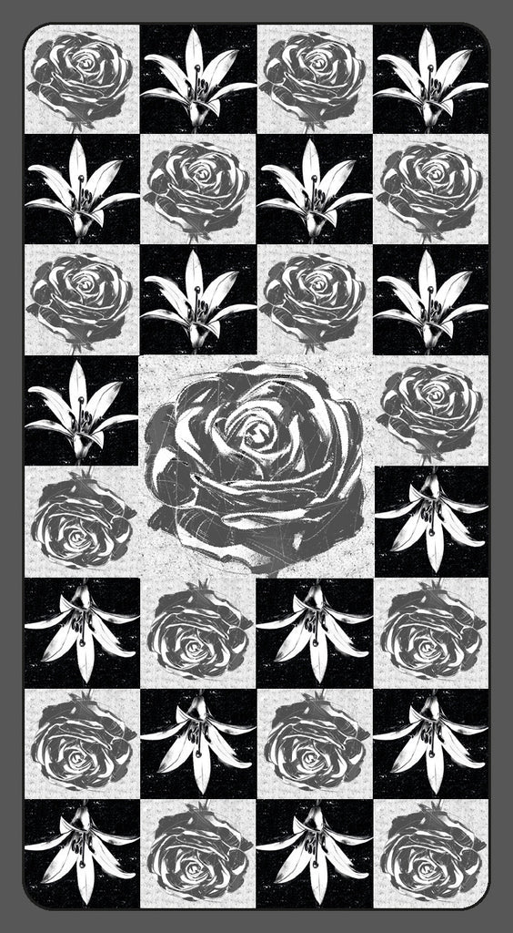 Checkered pattern with black and white roses and leaves