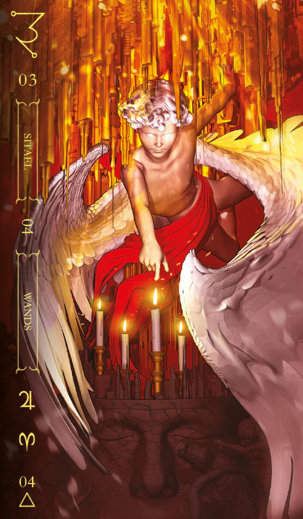 Card from a tarot deck featuring an angel with wings, candles, and a face in the background.