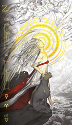 Illustration of a winged figure with a red sash and a dog, surrounded by angelic and demonic symbols.