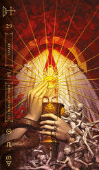 Tarot card with hands holding a glowing object against a red and gold background