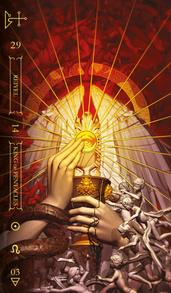 Tarot card with hands holding a glowing object against a red and gold background