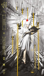 Tarot card featuring an angelic figure with a book, surrounded by hanging objects, on a dark background.