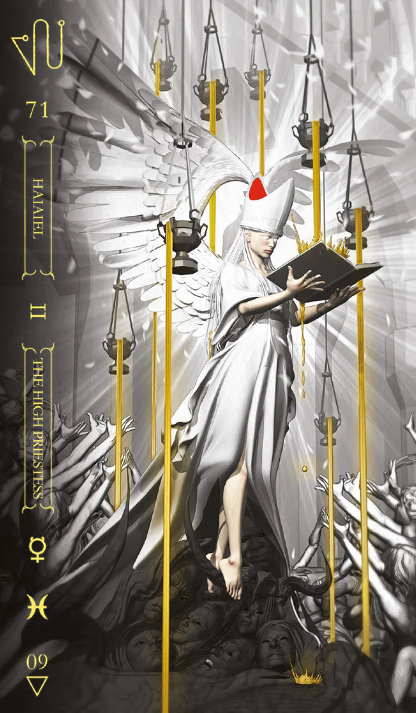 Tarot card featuring an angelic figure with a book, surrounded by hanging objects, on a dark background.