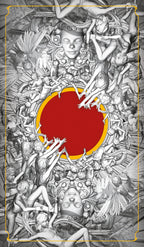 Artistic depiction of a central figure with outstretched arms and a red circle in the center, surrounded by intricate patterns.