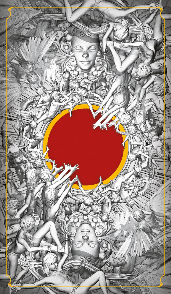 Artistic depiction of a central figure with outstretched arms and a red circle in the center, surrounded by intricate patterns.