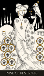 Illustration of a tarot card featuring a woman with a bird, surrounded by pentacle symbols and grapes.