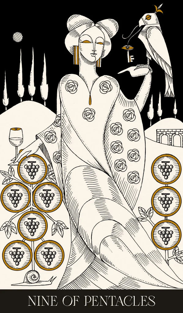 Illustration of a tarot card featuring a woman with a bird, surrounded by pentacle symbols and grapes.