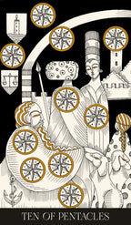 Illustration of a tarot card featuring two figures with symbols and a castle in the background.