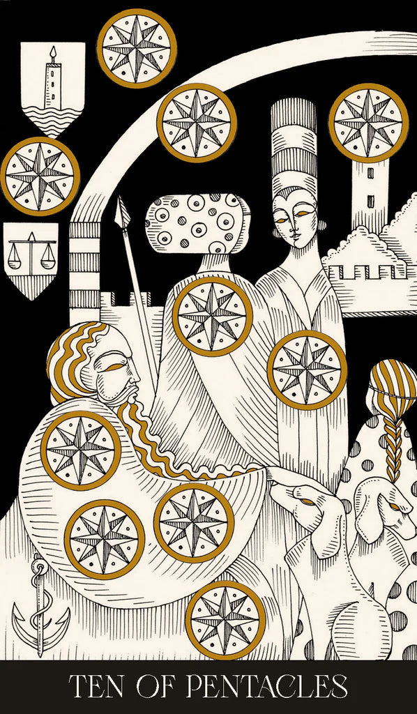 Illustration of a tarot card featuring two figures with symbols and a castle in the background.