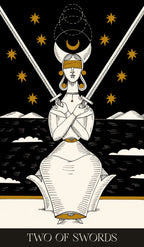 Tarot card featuring a woman with crossed swords against a starry night sky.