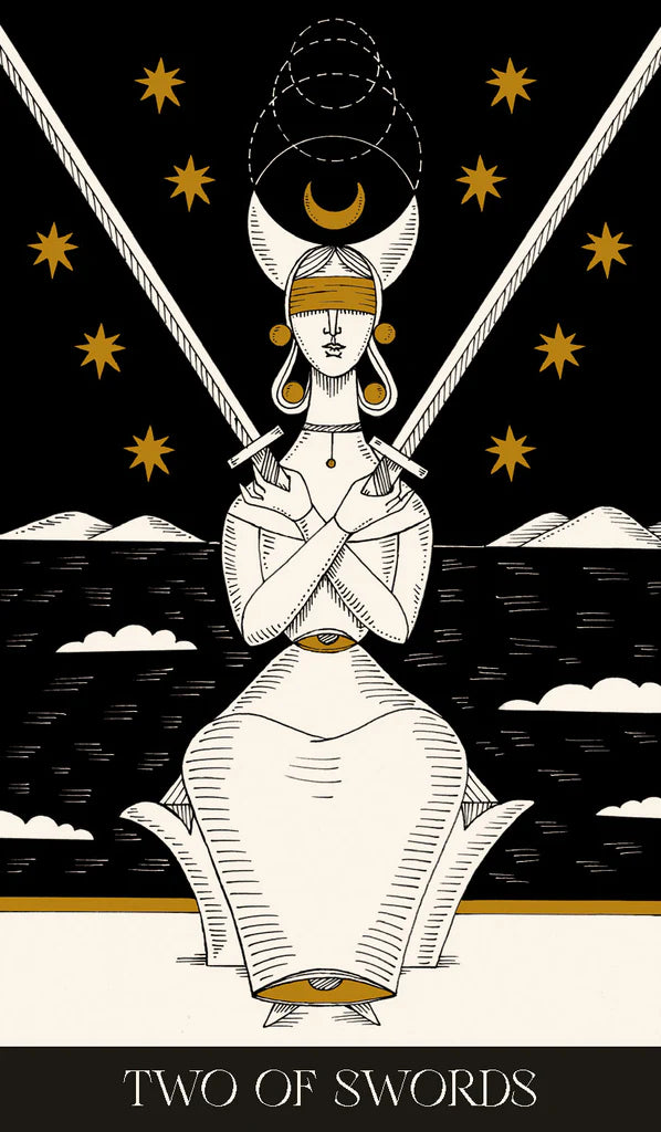 Tarot card featuring a woman with crossed swords against a starry night sky.