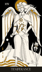Illustration of an angelic figure with wings and a flowing garment, labeled 'Temperance'.