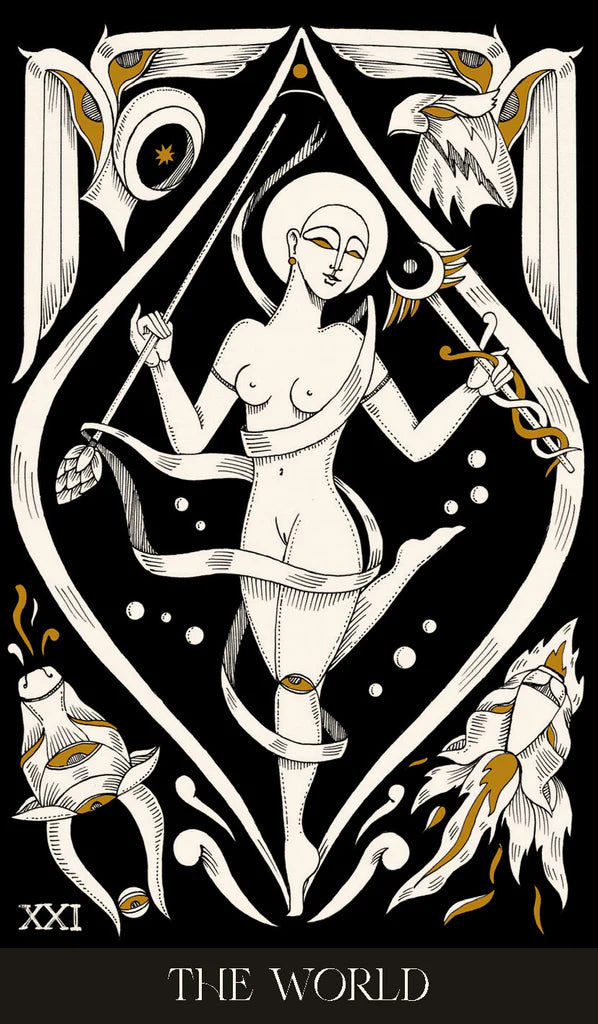 Tarot card 'The World' with a stylized figure holding a staff against a black background.