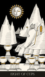 Card from a tarot deck showing a figure with cups and mountains, titled 'Eight of Cups'.