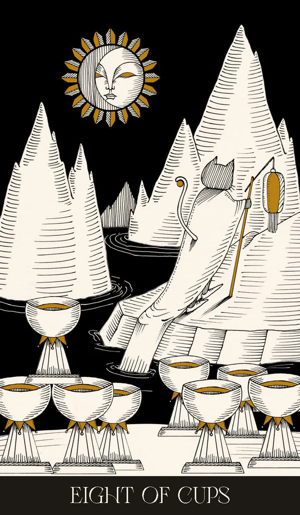 Card from a tarot deck showing a figure with cups and mountains, titled 'Eight of Cups'.