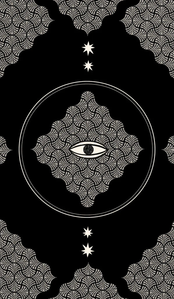 Decorative design with eye symbol and star patterns on a textured background