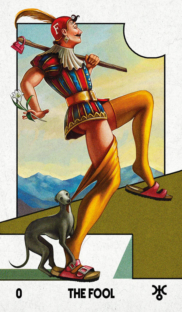 Card titled 'The Fool' featuring a person walking jauntily with a little dog