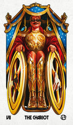 Card titled 'The Chariot' featuring a person in a chariot with gold and red colors.