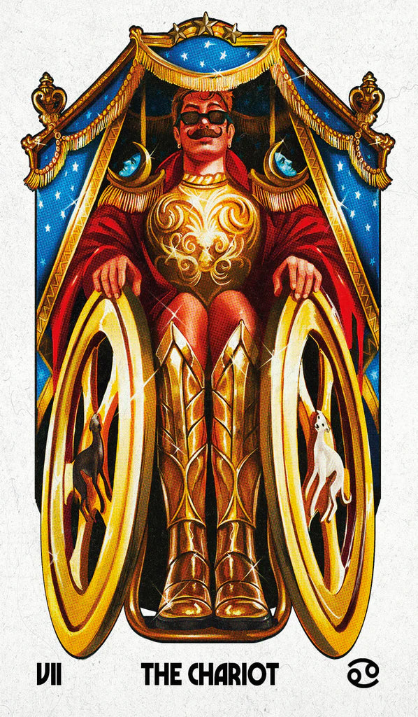 Card titled 'The Chariot' featuring a person in a chariot with gold and red colors.