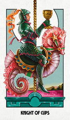 Tarot card featuring a colorful illustration of a knight on a horse, holding a cup, with 'Knight of Cups' text at the bottom.