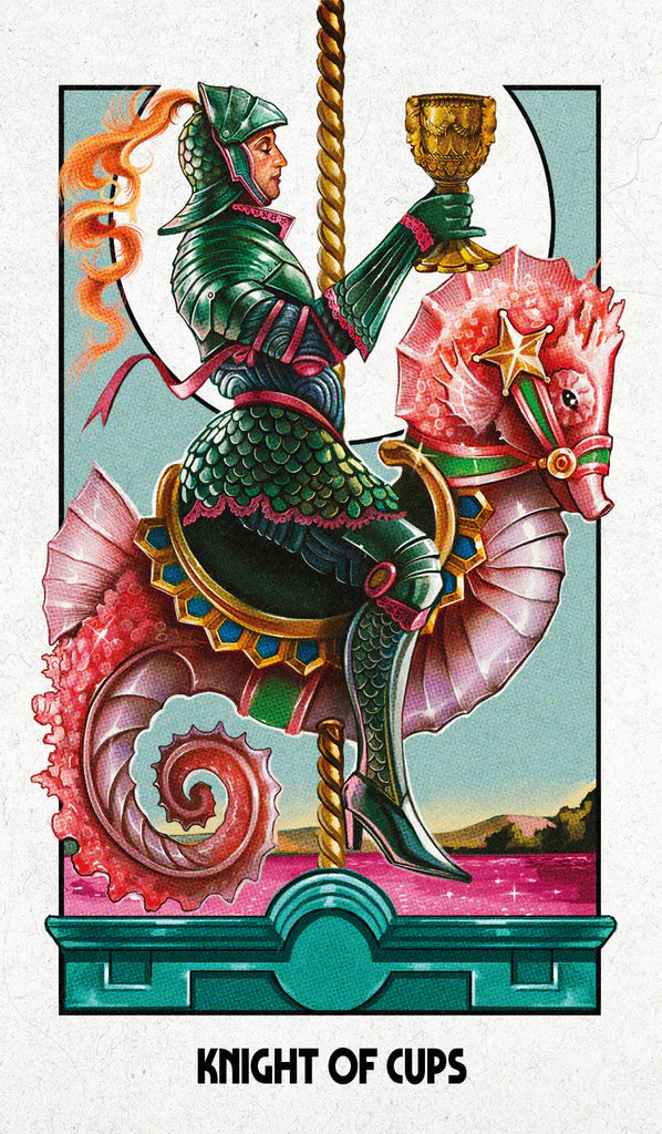 Tarot card featuring a colorful illustration of a knight on a horse, holding a cup, with 'Knight of Cups' text at the bottom.