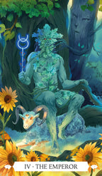 Tarot card illustration of 'The Emperor' with a figure in nature, sunflowers, and a tree.