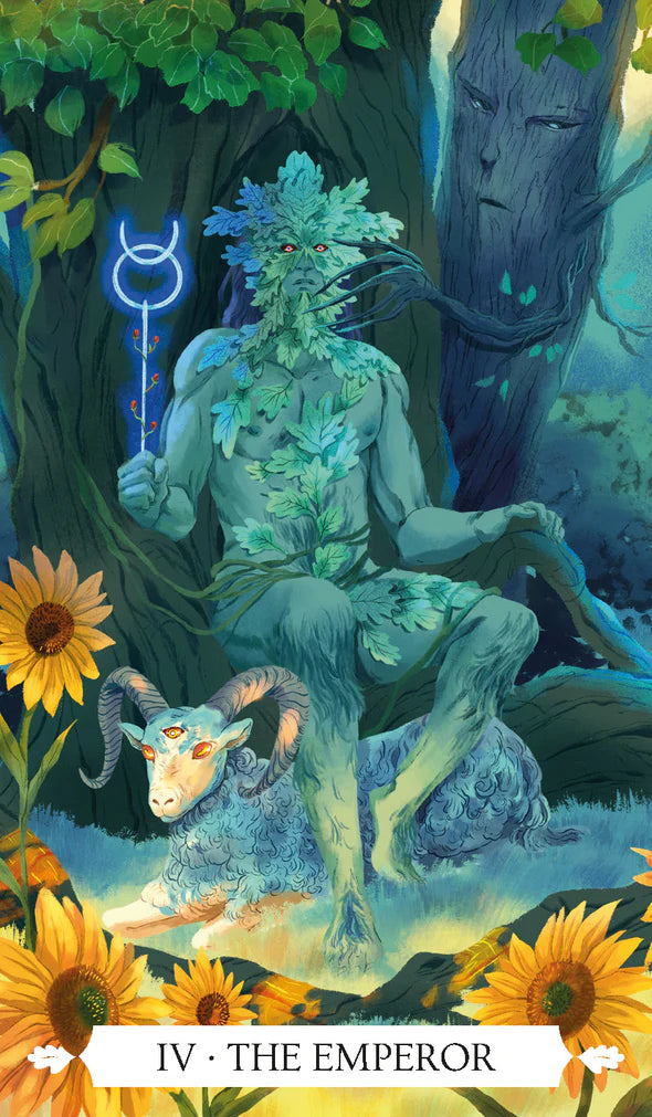 Tarot card illustration of 'The Emperor' with a figure in nature, sunflowers, and a tree.