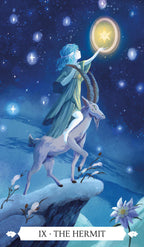 Tarot card featuring a figure holding a lamp, standing on a goat-like creature against a starry night sky.