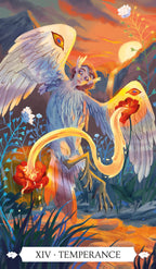 Fantasy creature with wings and flames, surrounded by nature elements, on a tarot card titled 'Temperance'.