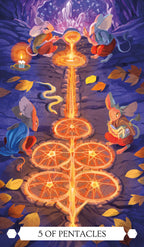 Card featuring a mystical symbol with four creatures around it, labeled '5 of Pentacles'.