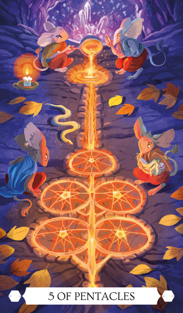 Card featuring a mystical symbol with four creatures around it, labeled '5 of Pentacles'.
