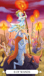 Card from a tarot deck titled '6 of Wands' featuring fantasy characters with wands and flames.