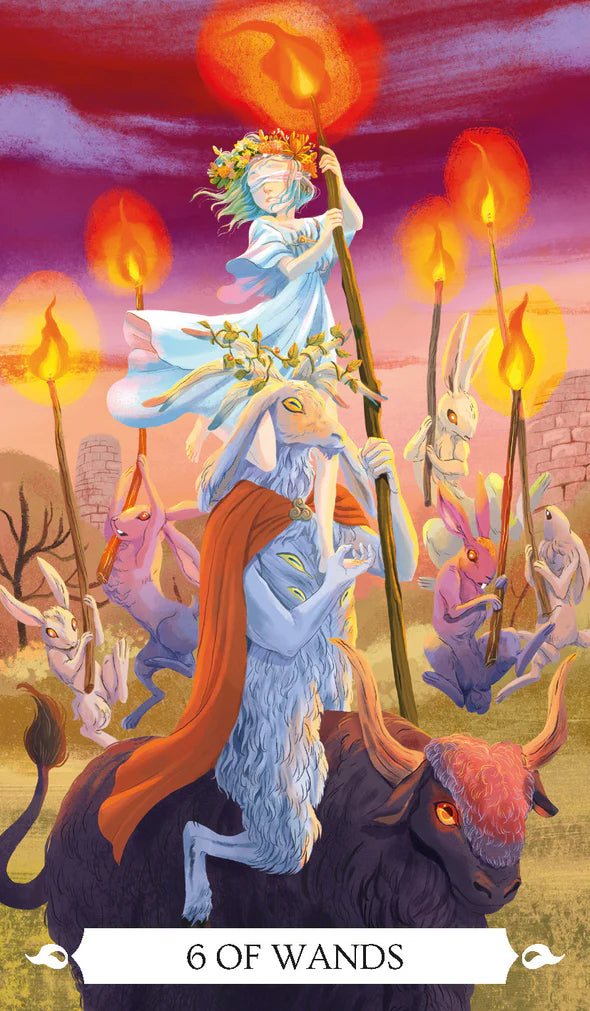 Card from a tarot deck titled '6 of Wands' featuring fantasy characters with wands and flames.