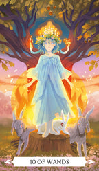 Tarot card featuring a woman in a blue dress with wands, surrounded by animals and a glowing tree.