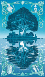 Fairy tale scene with a deer under a tree reflected in water, surrounded by decorative elements.