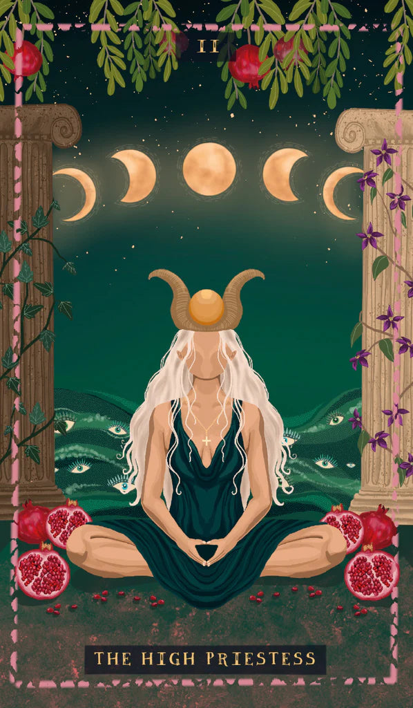 Illustration of 'The High Priestess' tarot card with a woman, moon phases, and pomegranates.