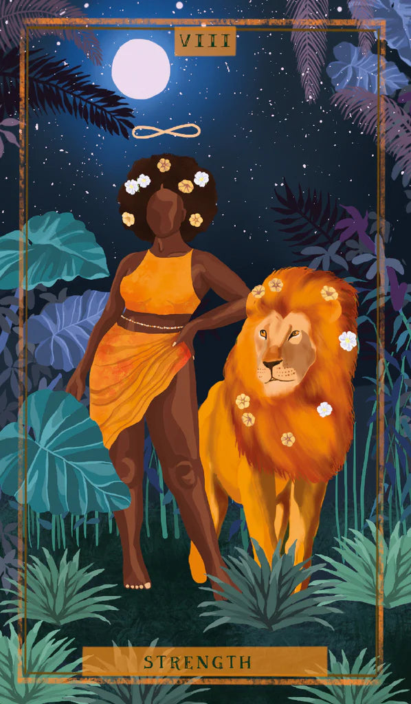 Tarot card titled 'Strength' featuring a woman and lion in a jungle setting with a moonlit sky.