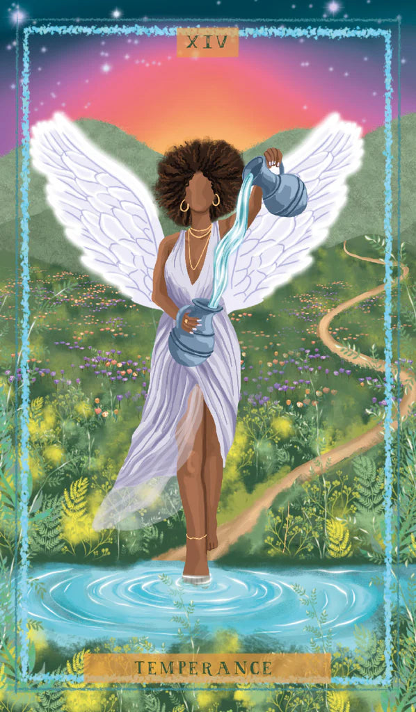 Tarot card featuring an angel with wings holding blue cups in a garden setting