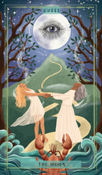 Tarot card titled 'The Moon' with two women holding hands under a moonlit sky.