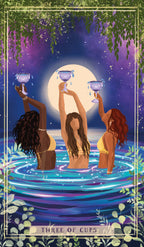 Three women holding cups in a pool with a moonlit sky and foliage.