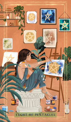 Illustration of a woman sitting on a pedestal surrounded by plants and star symbols, with 'Eight of Pentacles' text at the bottom.