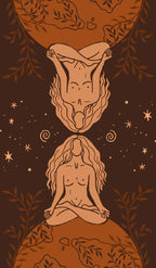 Illustration of a woman in a meditative pose with a cosmic background on a brown background