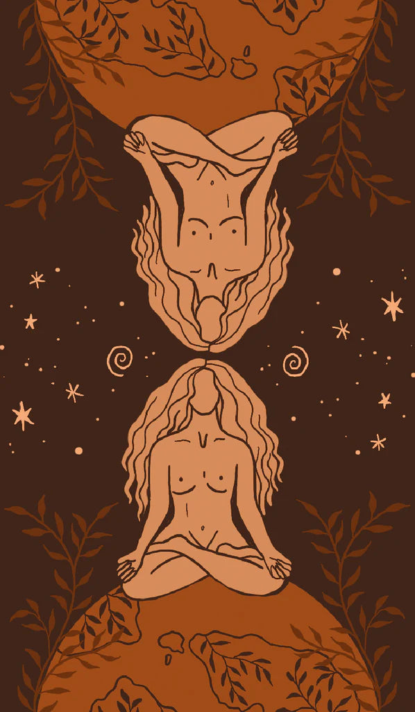 Illustration of a woman in a meditative pose with a cosmic background on a brown background
