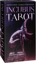 Incubus Tarot card set packaging with a statue of a man with a crescent moon on his head.
