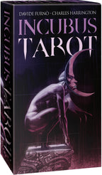 Incubus Tarot card set packaging with a statue of a man with a crescent moon on his head.