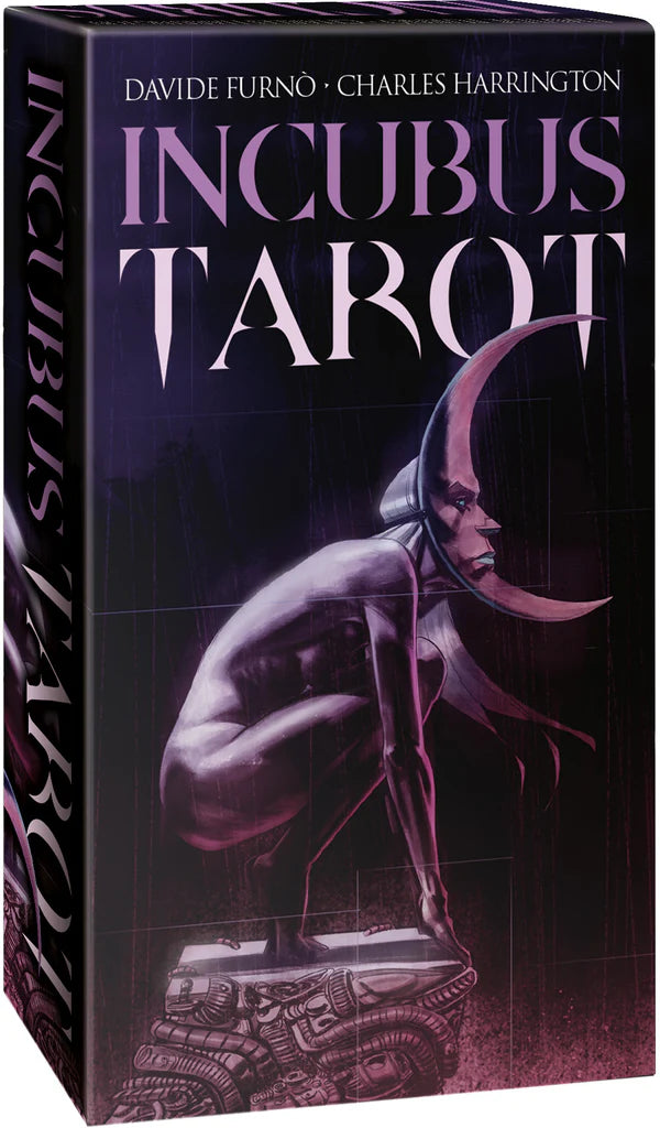 Incubus Tarot card set packaging with a statue of a man with a crescent moon on his head.
