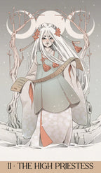 Illustration of 'The High Priestess' Card II from the Yokaia Tarot, featuring a figure with white hair and a long dress in a snowy landscape.